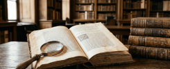 Libro antiguo abierto sobre una mesa de madera con lupa, en un entorno de biblioteca antigua