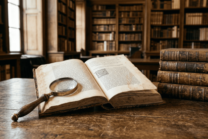 Libro antiguo abierto sobre una mesa de madera con lupa, en un entorno de biblioteca antigua