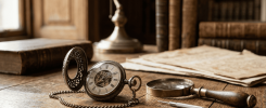 Reloj antiguo de bolsillo abierto sobre una mesa de madera con lupa y documentos antiguos