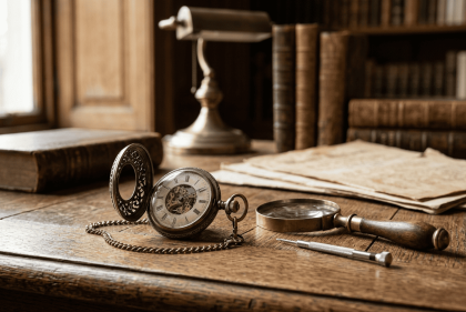Reloj antiguo de bolsillo abierto sobre una mesa de madera con lupa y documentos antiguos