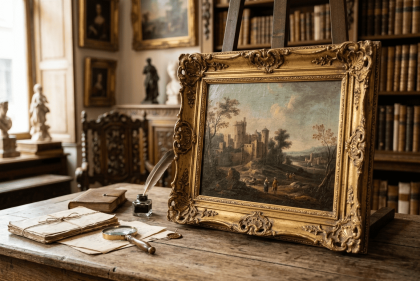 Cuadro antiguo con marco dorado sobre una mesa de madera junto a una lupa y documentos antiguos